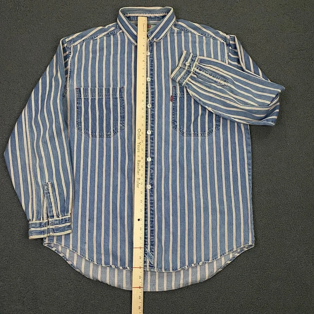 Vintage Levis Denim Shirt Mens Large Blue Selvedge Stripe Print Metal Button Up